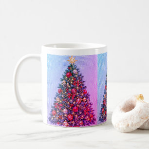 Drei blaue + rote Weihnachtsbäume auf einem weißen Kaffeetasse
