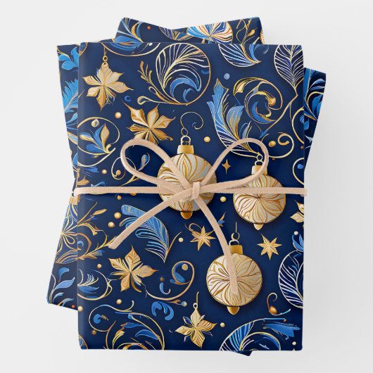 Drei blaue und goldene Zierdesigns Weihnachten Geschenkpapier Set (Beispiel)