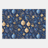 Drei blaue und goldene Zierdesigns Weihnachten Geschenkpapier Set (Vorderseite)