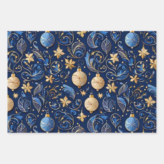 Drei blaue und goldene Zierdesigns Weihnachten Geschenkpapier Set (Vorderseite)