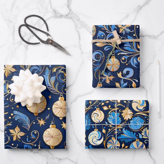Drei blaue und goldene Zierdesigns Weihnachten Geschenkpapier Set (Vorderseite)