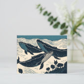 Drei Blauwale Moderne Kunst Linocut Inspiriert Postkarte (Stehend Vorderseite)
