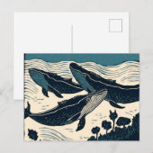 Drei Blauwale Moderne Kunst Linocut Inspiriert Postkarte (Vorne/Hinten)