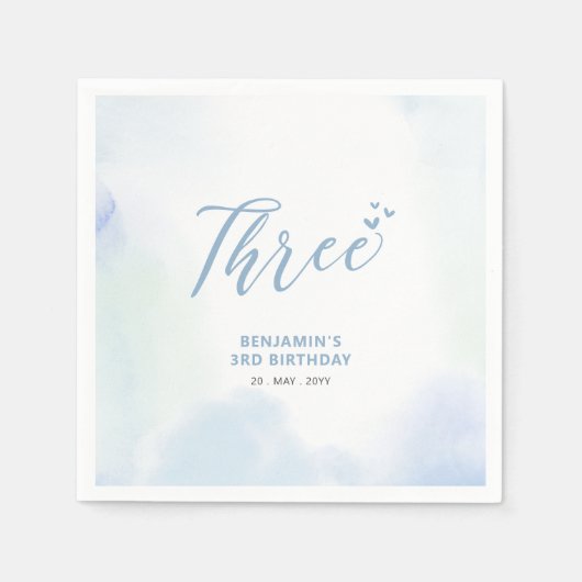 Drei | Blue Hearts & Watercolor Boy 3. Geburtstag Serviette (Vorderseite)