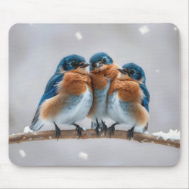 Drei Bluebirds auf einer verschneiten Zweigstelle Mousepad