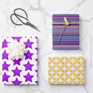 Drei Bögen Geschenkpapier - Sterne Streifen Blüten Set