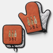 Drei Boho-Katzen Orange Ofenhandschuh & Topflappen-Set (Vorderseite/Rückseite)