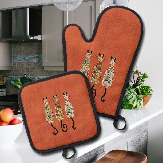 Drei Boho-Katzen Orange Ofenhandschuh & Topflappen-Set