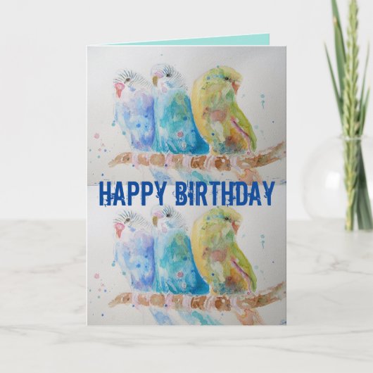 Drei Budgethilfen, die die blaue Budgie-Wasserfarb Karte (Vorderseite)