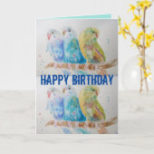 Drei Budgethilfen, die die blaue Budgie-Wasserfarb Karte (Gelbe Blume)