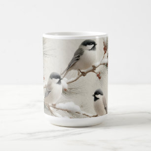 Drei Chickadees auf einem schneebestäubten Kiefern Kaffeetasse