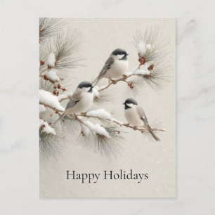 Drei Chickadees auf einem schneebestäubten Kiefern Postkarte