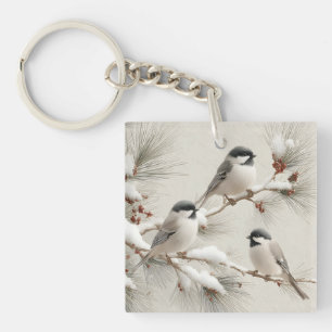 Drei Chickadees auf einem schneebestäubten Kiefern Schlüsselanhänger