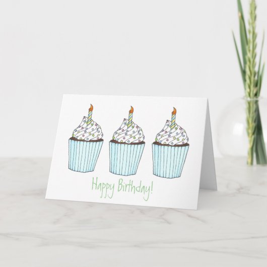 Drei Cupcakes/Candle Happy Birthday Cake Cards Karte (Vorderseite)