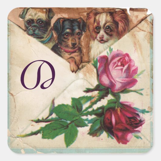 DREI DOGIEN MIT MONOGRAMM FÜR ROSE QUADRATISCHER AUFKLEBER (Vorderseite)