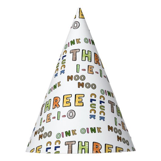 Drei-e-i-o Farm Animal Sounds farbiger Text Partyhütchen (Vorderseite)