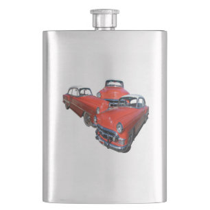 Drei elegante rote und weiße Oldtimer, Flasche Flachmann