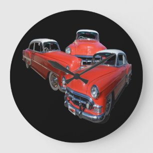 Drei elegante rote und weiße Oldtimer Große Wanduhr
