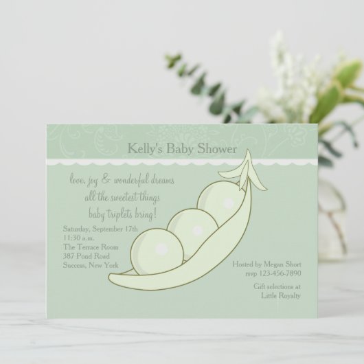 Drei Erbsen in einer Hülsen-Babyparty-Einladung Einladung (Stehend Vorderseite)