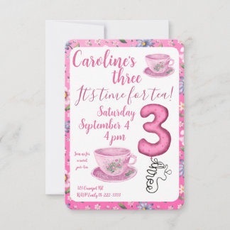 Drei Es ist Zeit für Tee 3. Geburtstagseinladung Einladung