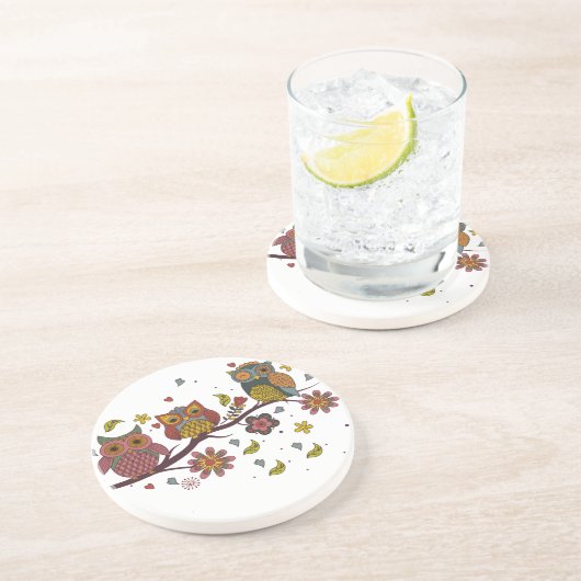 Drei Eule auf Zweig Getränkeuntersetzer (Seite)