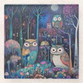 Drei Eulen unter Vollmond Glasuntersetzer
