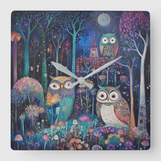 Drei Eulen unter Vollmond Quadratische Wanduhr (Vorderseite)