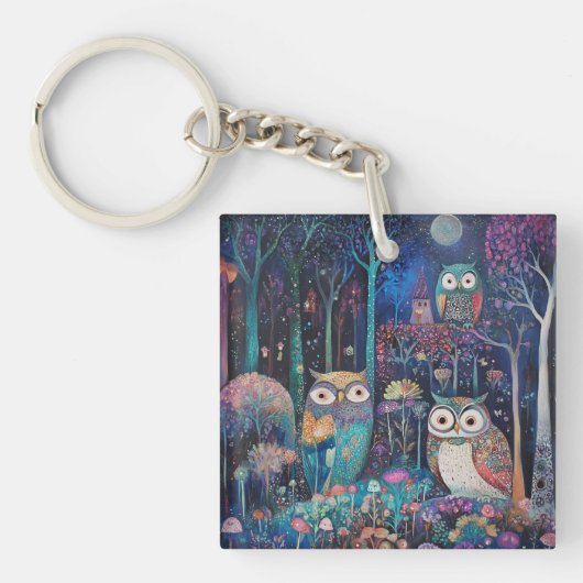 Drei Eulen unter Vollmond Schlüsselanhänger (Vorderseite)