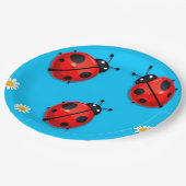 Drei farbenfrohe Ladybugs auf blauem Hintergrund Pappteller (Schrägansicht)