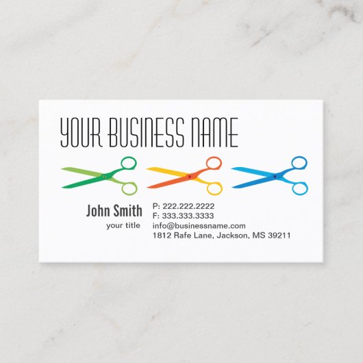 Drei farbenfrohe Schere Friseur Business Card Visitenkarte (Vorderseite)