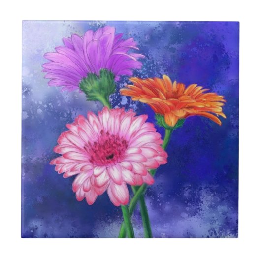 Drei farbige Gerberas-Keramik Fliese (Vorderseite)