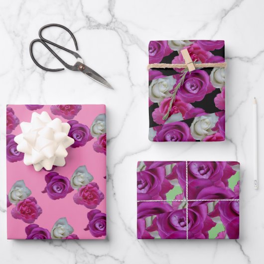 Drei farbige Rose - Muster - Papierblätter Geschenkpapier Set (Vorderseite)