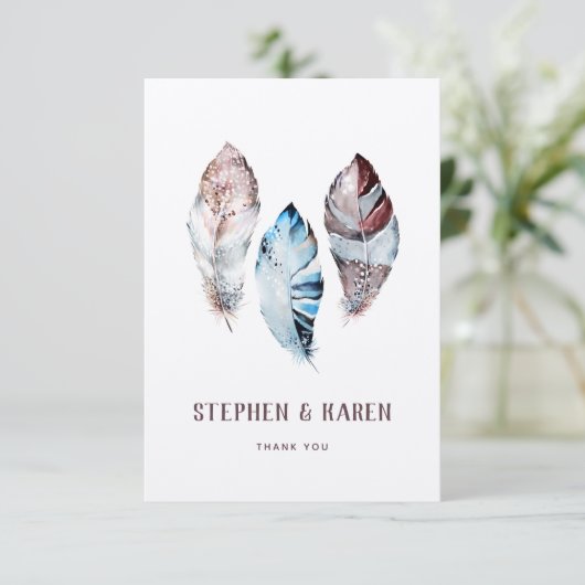 Drei Feathers Elegante Wedding Watercolor Dankeskarte (Stehend Vorderseite)