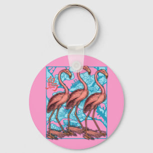 Drei Flamingos mit Blumen Schlüsselanhänger