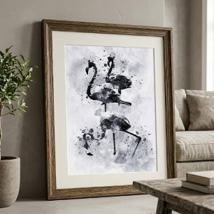 Drei Flamingos Schwarz und Weiß Aquarell Fotodruck