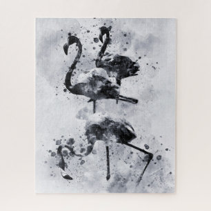 Drei Flamingos Schwarz-Weiß-Aquarell Puzzle