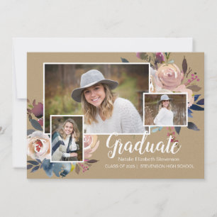 Drei-Foto-Blumentypografie-Graduierungspartei Einladung