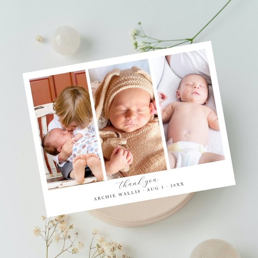 Drei Foto Collage Elegantes Script Baby Shower Postkarte