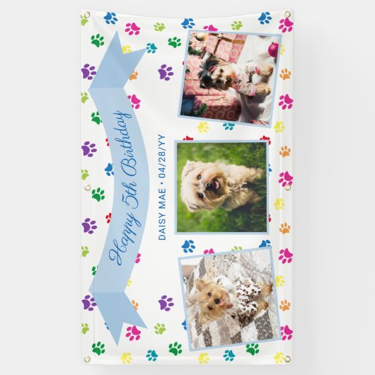 Drei Foto farbenfrohe Paw Prints Blue Pet Geburtst Banner (Vertikal)