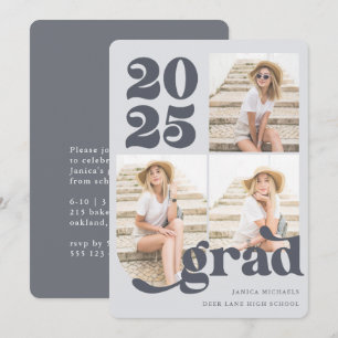 Drei Foto Retro Type Blue Graduation Party Einladung