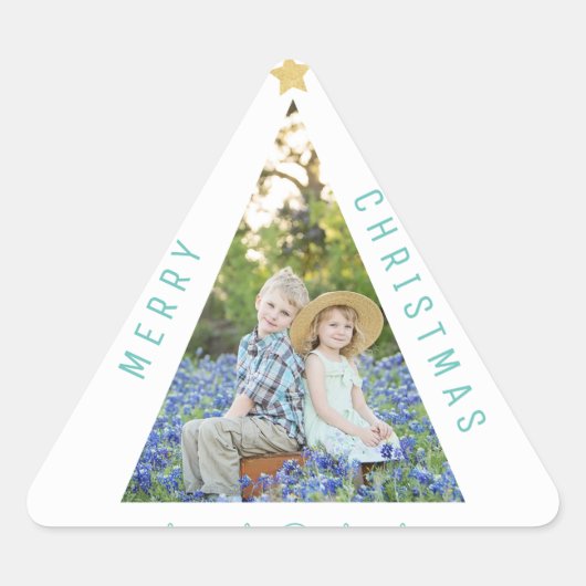Drei Foto Weihnachtsbaum Moderne Weihnachtskarte Dreieckiger Aufkleber (Vorderseite)