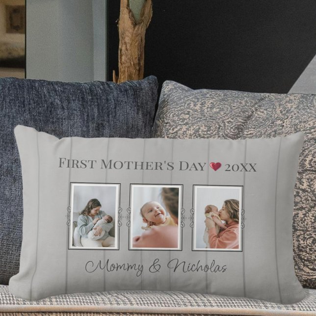 Drei FotoCollage Erster Muttertag Lendenkissen (Three Photo Collage First Mothers Day Lumbar Pillow)
