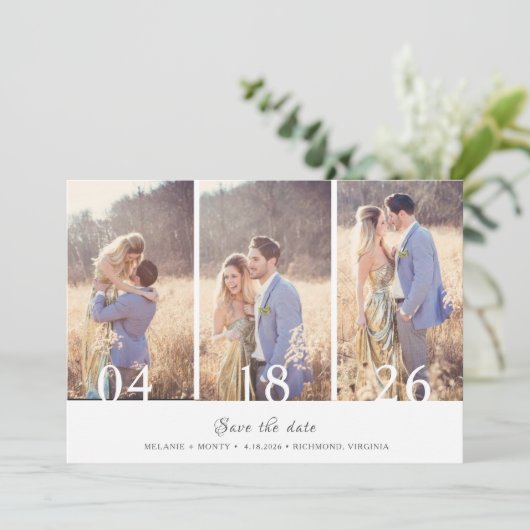 Drei Fotokollagen Hochzeit speichern das Datum Ankündigung (Stehend Vorderseite)