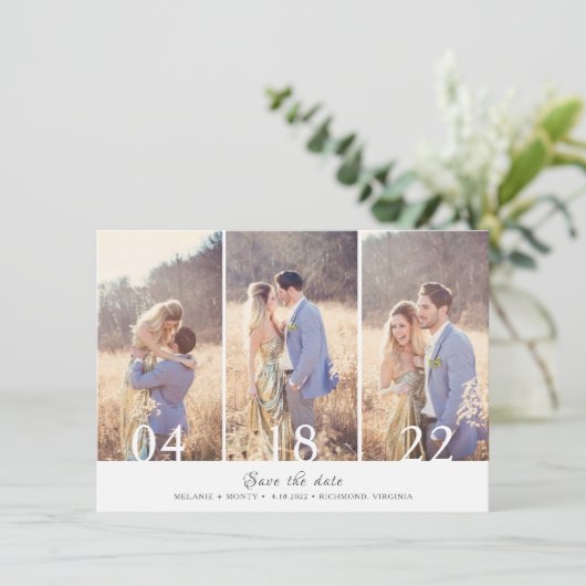 Drei Fotokollagen Hochzeit speichern das Datum Save The Date (Stehend Vorderseite)