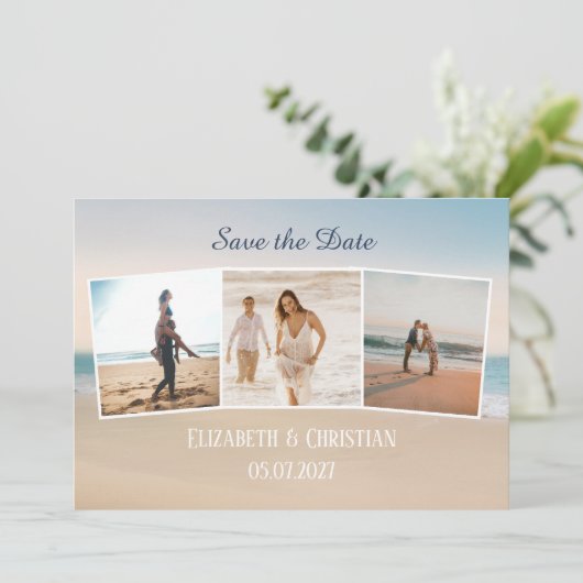 Drei Fotos am Strand elegant Save the Date Einladung (Stehend Vorderseite)