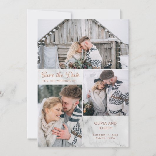 Drei Fotos auf Marmor mit Rose Gold | Hochzeit Save The Date (Vorderseite)