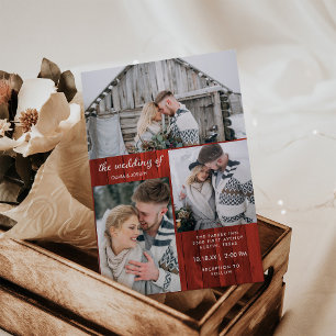 Drei Fotos auf rotem Holz Look Weihnachtshochzei Einladung