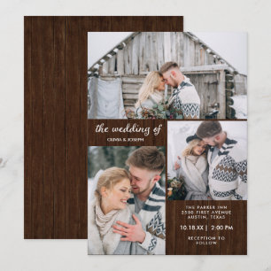 Drei Fotos auf rustikalem Holz Hochzeit Einladung
