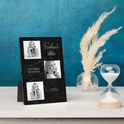 Drei Fotos Graduate Announement Black Marble Fotoplatte (Seite)