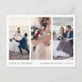 Drei Fotos grüne Typografie Hochzeit Danke Postkarte (Vorderseite)